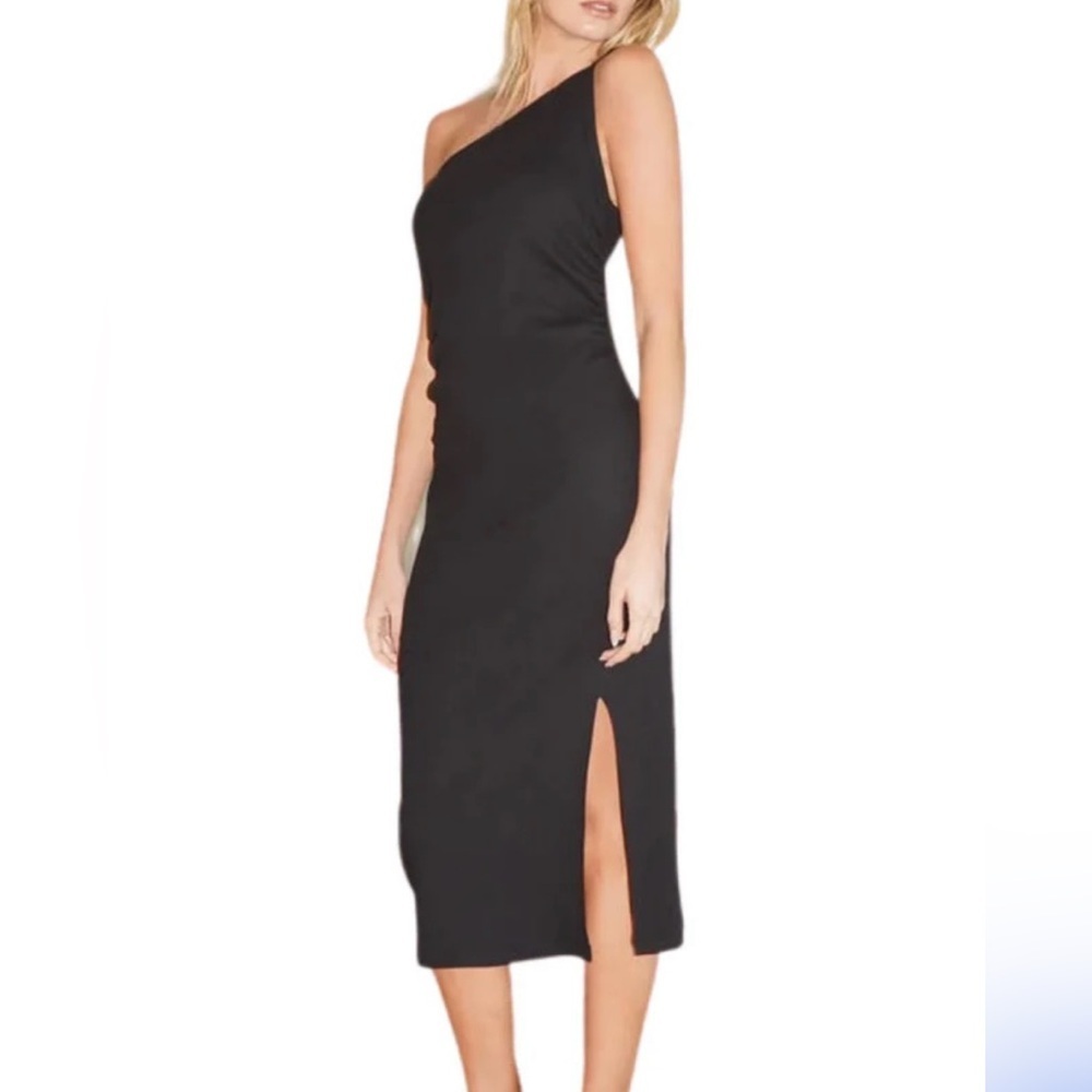 LNA Black Ariel ribbed one shoulder sleeve midi with small slit